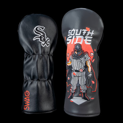 SWAG Golf Chicago White Sox fairway cover shown front and back with an embroidered White Sox logo on the reverse and artwork featuring a masked South Side slugger in a pinstriped uniform, flowing cape, floating baseballs, and bold "South Side" typography on a black and red design.