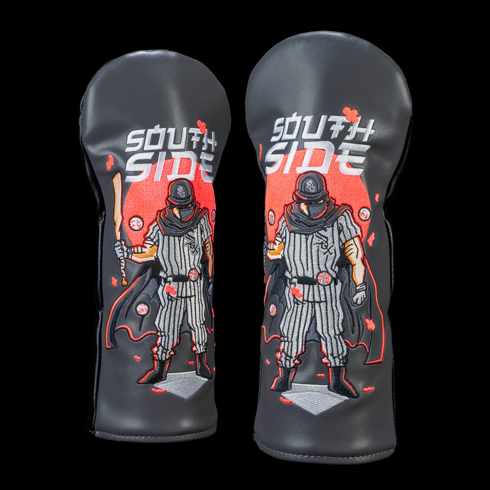 SWAG Golf Chicago White Sox fairway cover featuring a masked South Side slugger in a pinstriped uniform, flowing cape, floating baseballs, and bold "South Side" lettering embroidered across a black and red design.
