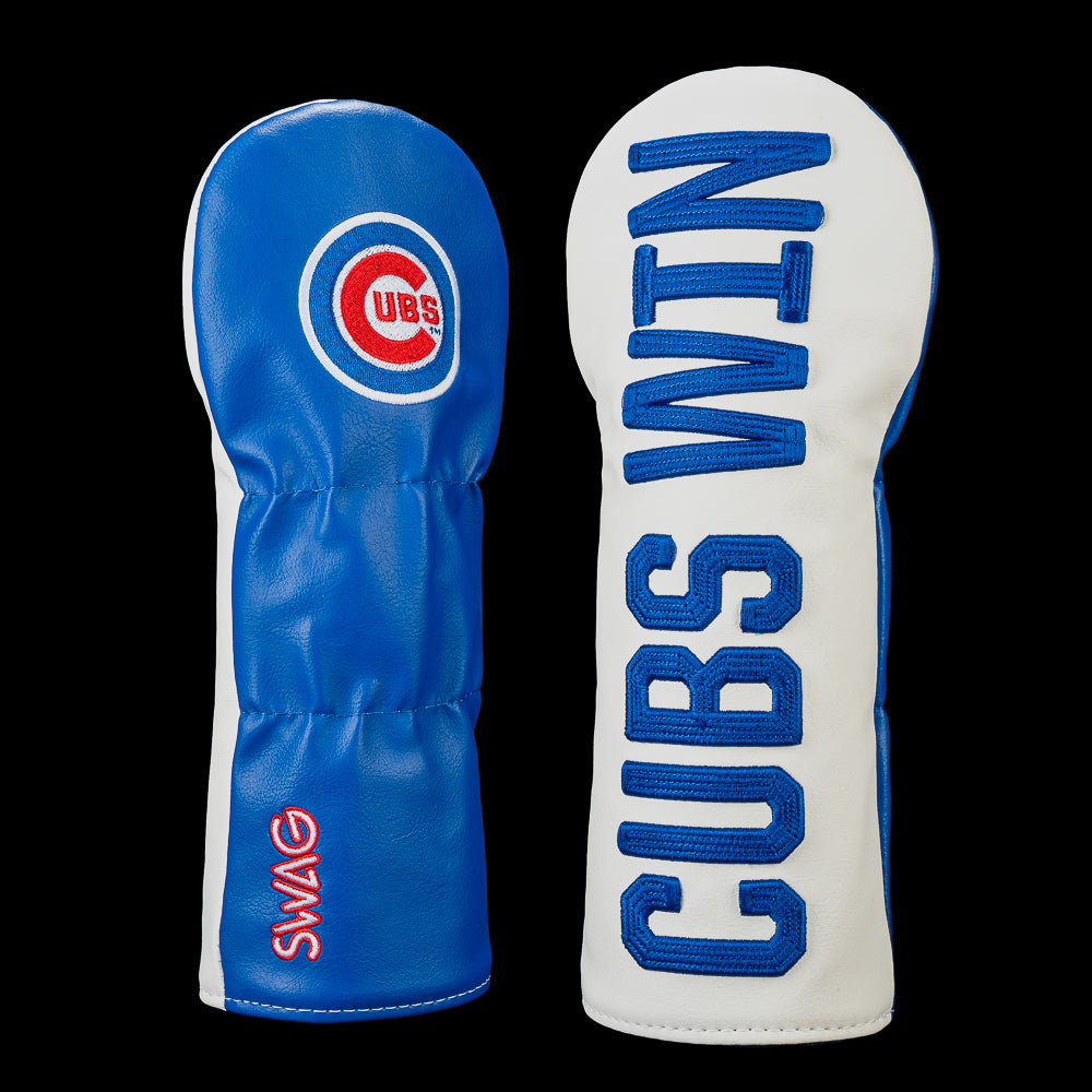 Chicago Cubs CUBS WIN fairway wood headcover with bold blue vertical lettering, Cubs logo, blue backing, and red SWAG Golf branding.