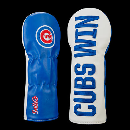 Chicago Cubs CUBS WIN fairway wood headcover with bold blue vertical lettering, Cubs logo, blue backing, and red SWAG Golf branding.