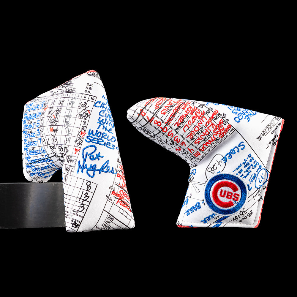 Chicago Cubs blade putter headcover featuring the official 2016 World Series Game 7 scorecard with handwritten notes, Cubs logo, blue and red annotations, and SWAG Golf branding.