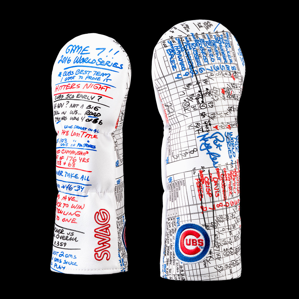 Chicago Cubs fairway wood headcover featuring the official Game 7 2016 World Series scorecard with handwritten game notes, Cubs logo, red and blue writing, and SWAG Golf branding.
