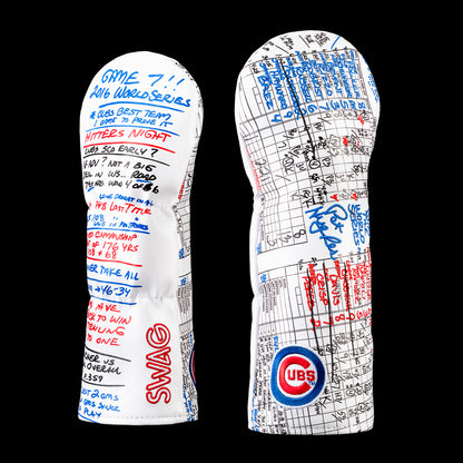 Chicago Cubs fairway wood headcover featuring the official Game 7 2016 World Series scorecard with handwritten game notes, Cubs logo, red and blue writing, and SWAG Golf branding.