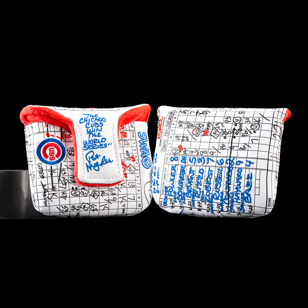 Chicago Cubs mallet putter headcover featuring the official 2016 World Series Game 7 scorecard, handwritten notes, Cubs logo, blue and red scoring details, and SWAG Golf branding.