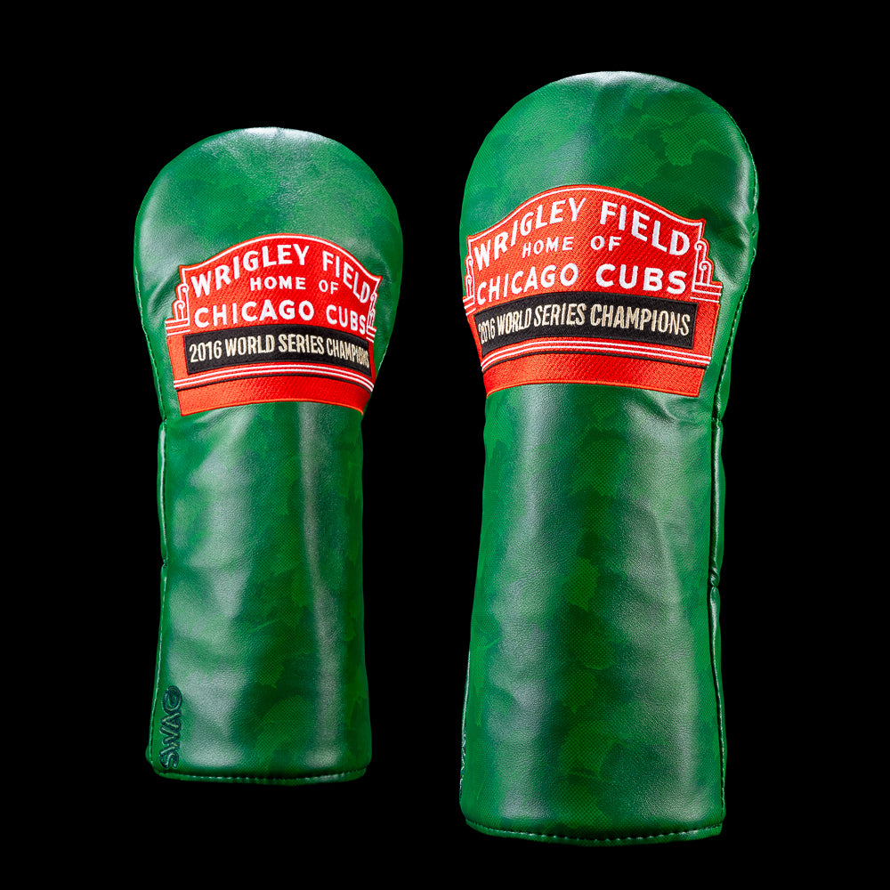 Chicago Cubs driver headcover featuring the iconic Wrigley Field marquee with "Home of Chicago Cubs" and "2016 World Series Champions" on an ivy-inspired green background with subtle SWAG Golf branding.