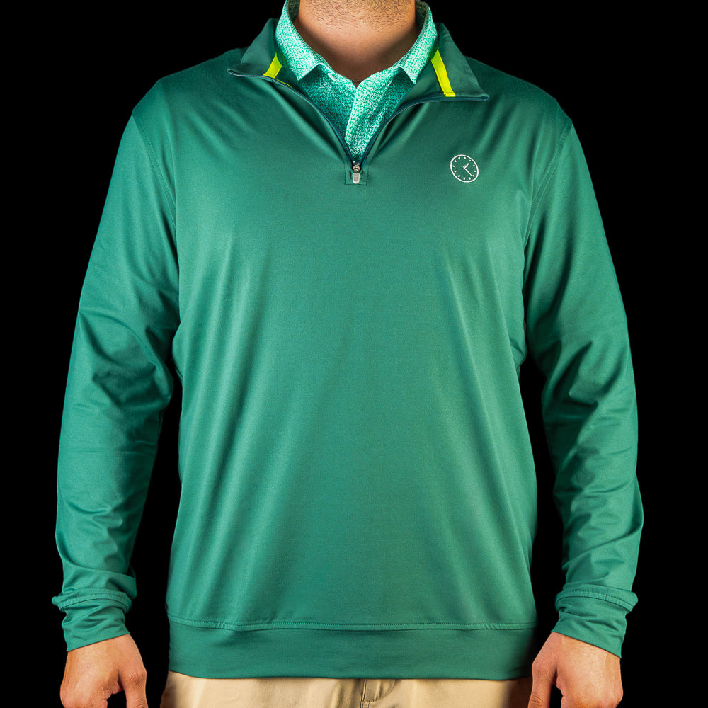 SWAG Golf Chicago Cubs 1:20 Clock Club Quarter-Zip in green with a subtle clock chest graphic and contrast collar details.