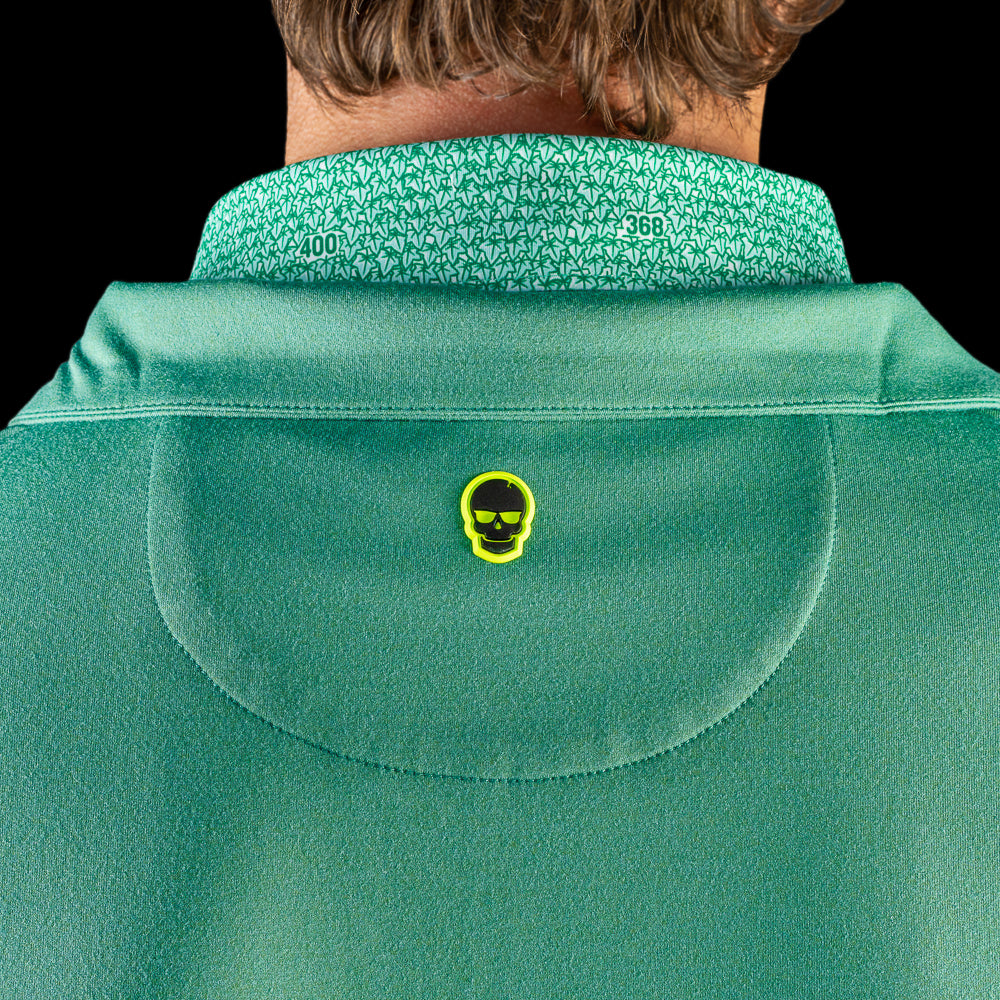 Close-up of the back collar on the Chicago Cubs 1:20 Clock Club Quarter-Zip with SWAG skull logo.