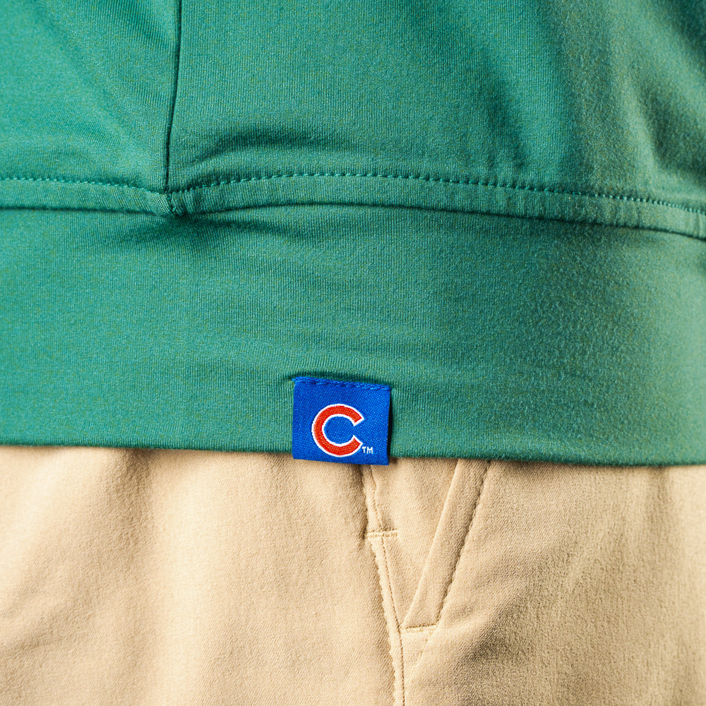 Close-up of the hem on the Chicago Cubs 1:20 Clock Club Quarter-Zip with Cubs logo tab.