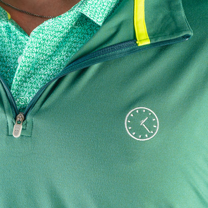 Close-up of the Chicago Cubs 1:20 Clock Club Quarter-Zip collar and embroidered clock chest graphic.