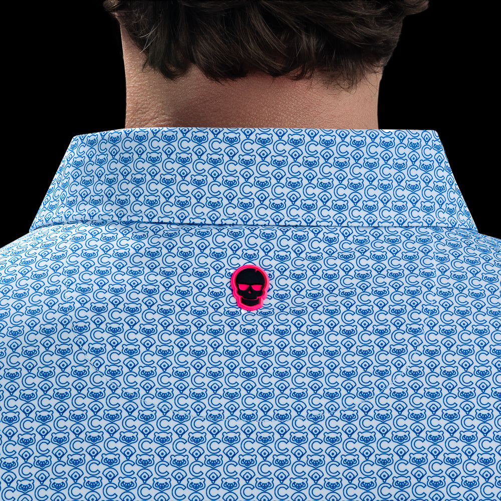 Close-up of the back collar on the Chicago Cubs Geometric Logo Classic Polo Shirt with SWAG skull logo.