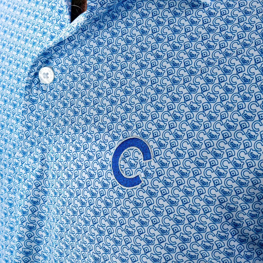 Close-up of the embroidered Cubs C chest logo and geometric pattern on the Chicago Cubs Classic Polo Shirt.