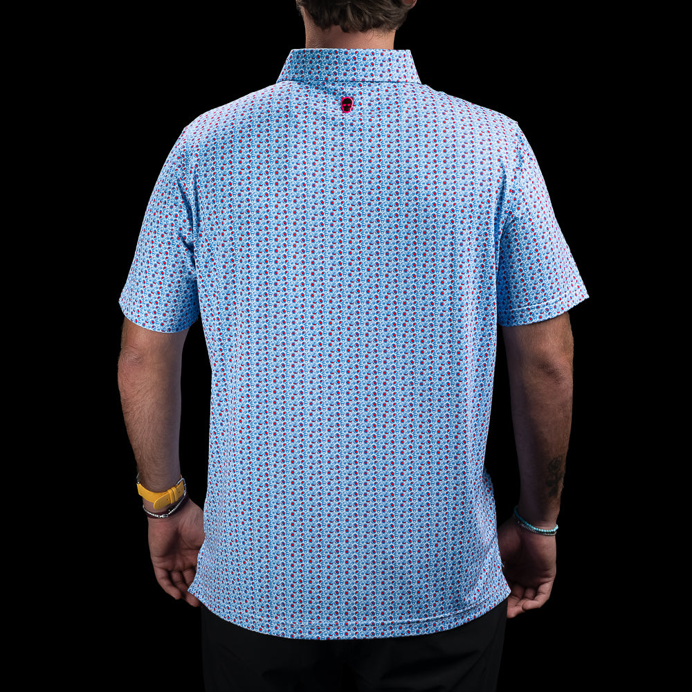 Back view of the Chicago Cubs World Champs Classic Polo Shirt with all-over championship-inspired graphics.