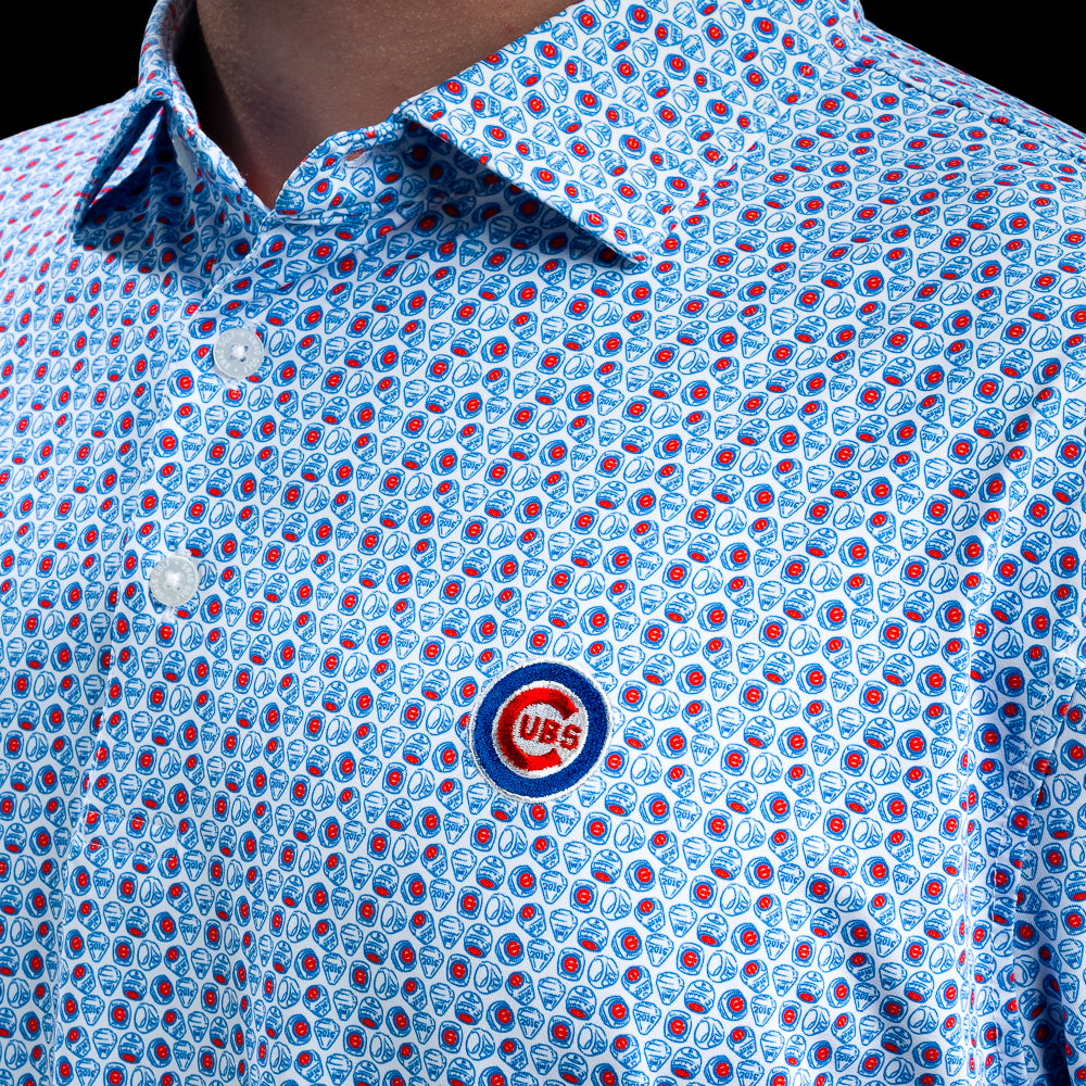 Close-up of the embroidered Cubs chest logo on the Chicago Cubs World Champs Classic Polo Shirt.