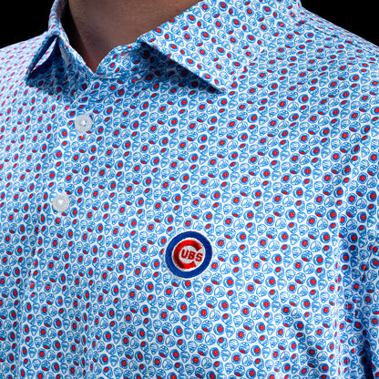 Close-up of the embroidered Cubs chest logo on the Chicago Cubs World Champs Classic Polo Shirt.