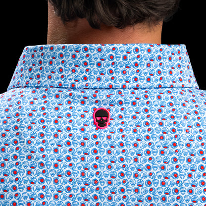 Close-up of the back collar on the Chicago Cubs World Champs Classic Polo Shirt with SWAG skull logo.