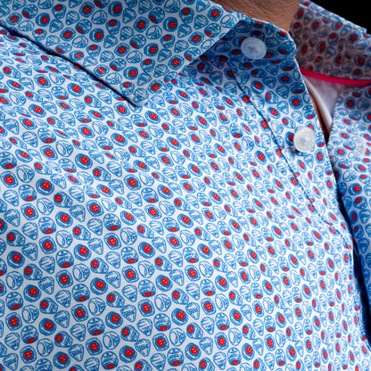 Close-up of the all-over pattern and collar on the Chicago Cubs World Champs Classic Polo Shirt.