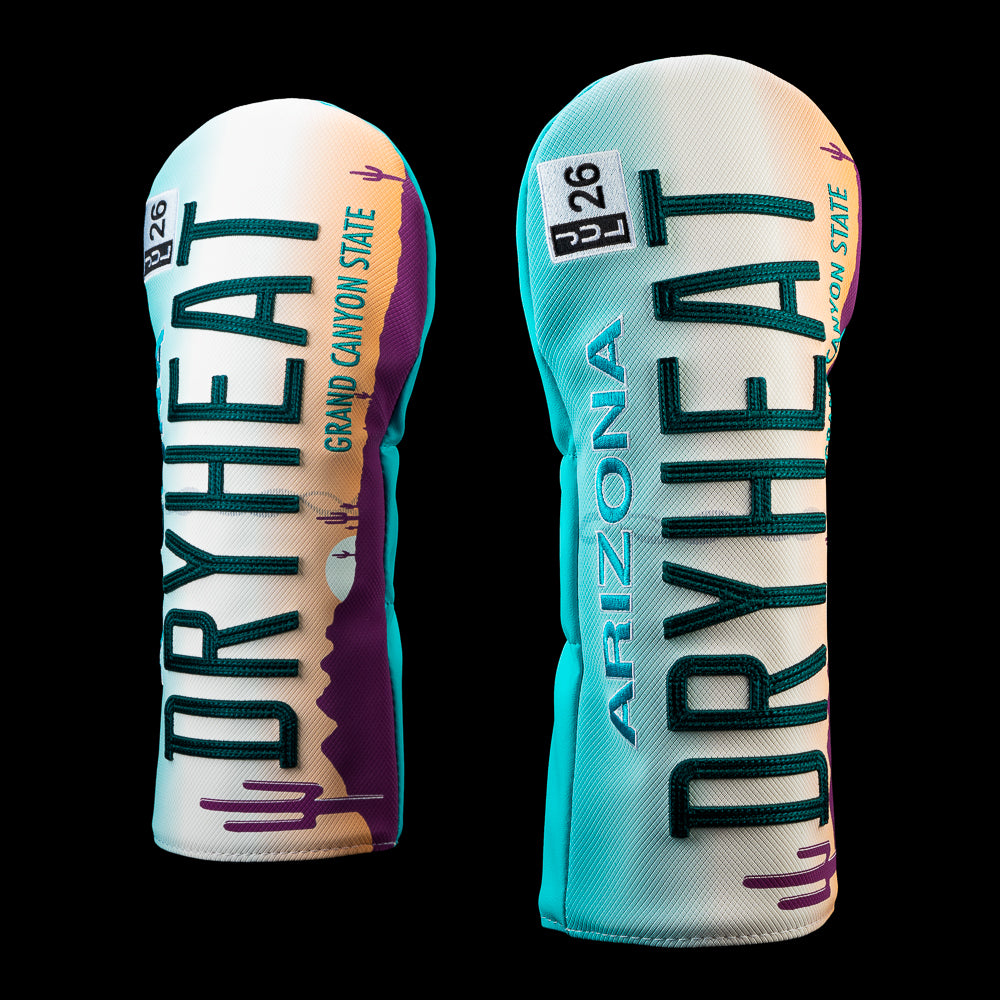 Side view of the Arizona Dry Heat driver headcover featuring a Grand Canyon State license plate inspired design with vertical "DRYHEAT" lettering, Arizona text, a July 26 registration sticker, and turquoise side panels.