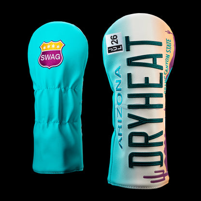 Arizona driver headcover featuring a Grand Canyon State license plate inspired design with oversized "DRYHEAT" lettering, a July 26 registration sticker, Arizona text, and turquoise side panels. Back features a turquoise panel with the SWAG shield logo.