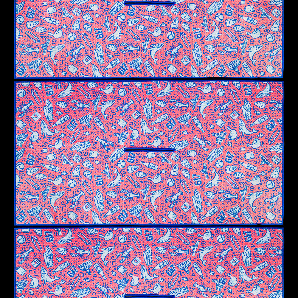 Boston golf towel featuring an all over pattern of Boston-inspired illustrations representing the city's waterfront, neighborhoods, sports culture, and local landmarks in red, navy, and light blue.