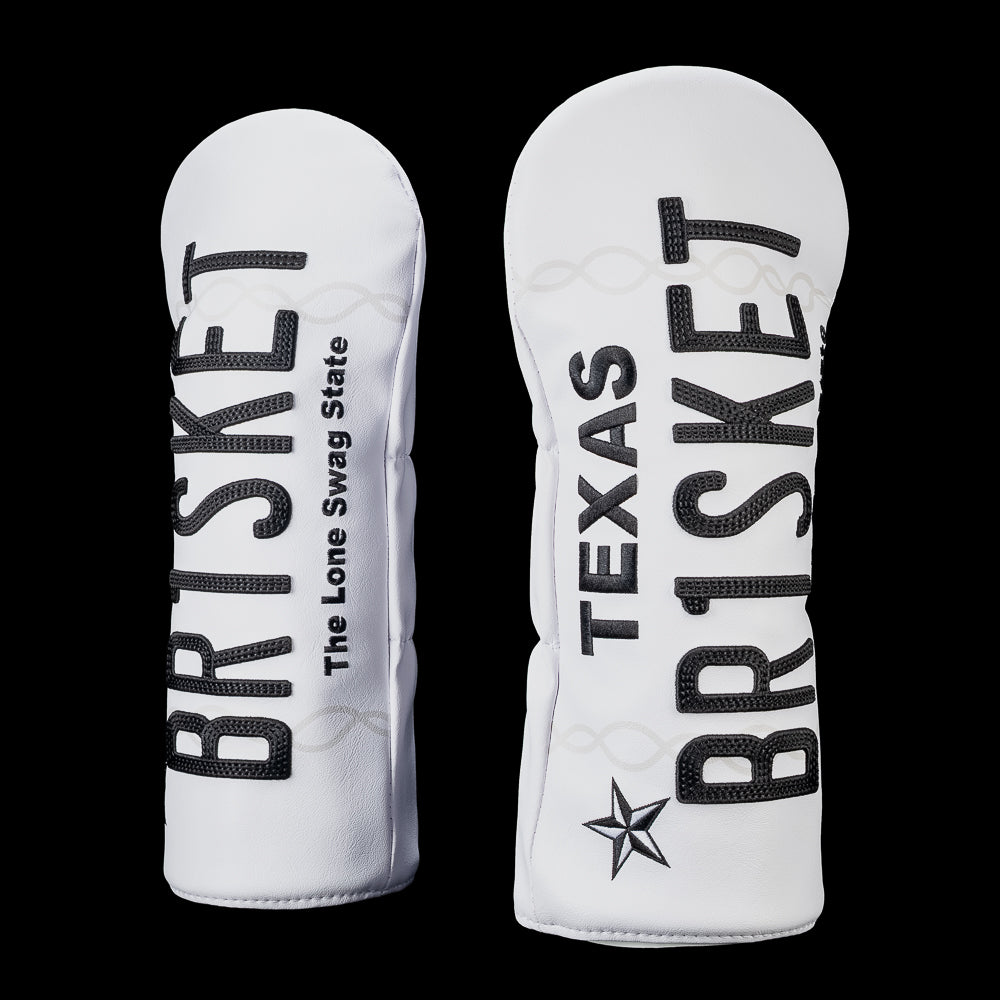Front and back views of the SWAG Golf Texas Brisket driver headcover featuring vertical "BRISKET" and "TEXAS BRISKET" lettering on a white background with the phrase "The Lone Swag State" printed along the side.