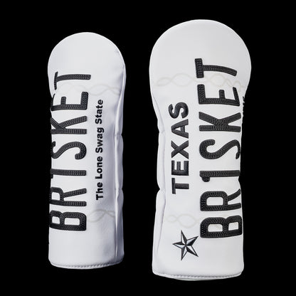 Front and back views of the SWAG Golf Texas Brisket driver headcover featuring vertical "BRISKET" and "TEXAS BRISKET" lettering on a white background with the phrase "The Lone Swag State" printed along the side.