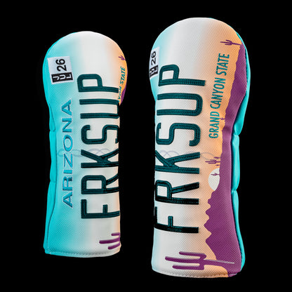 Side view of the Arizona Forks Up driver headcover featuring a Grand Canyon inspired license plate design with vertical "FRKSUP" lettering, Grand Canyon State text, canyon landscape artwork, a registration sticker, and turquoise side panels.