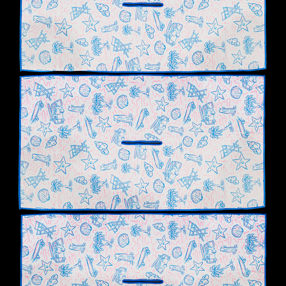 Southern California golf towel featuring an all over pattern of illustrations including surf culture, palm trees, sunshine, coastal landmarks, beach icons, and golf-inspired graphics in light blue, pink, and white.