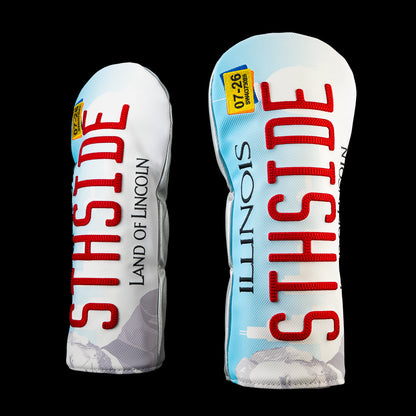 Side view of the SWAG Golf Chicago South Side driver cover featuring vertical "STHSIDE" lettering, "Illinois" and "Land of Lincoln" text on a white license plate inspired design with a gray skyline illustration near the base.
