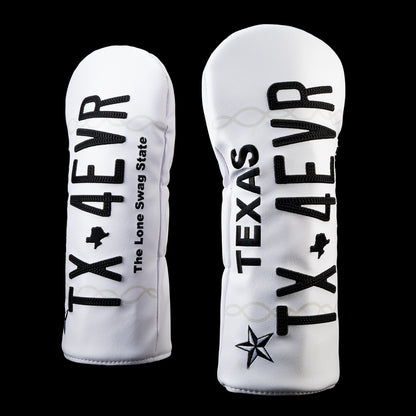 Front and back views of the SWAG Golf Texas 4 Ever driver headcover featuring vertical "TX 4 EVR" and "TEXAS TX 4 EVR" lettering on a white license plate inspired design with a black Texas star graphic.