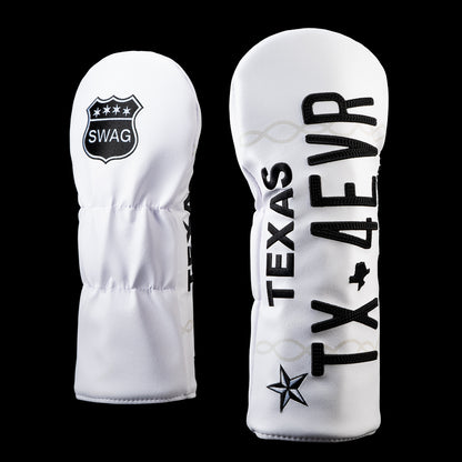 Front and back views of the SWAG Golf Texas 4 Ever driver cover featuring a white Texas license plate-inspired design with oversized black "TX 4 EVR" lettering, a black Texas star, and the SWAG shield logo on the back.