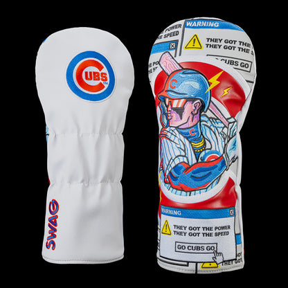 SWAG Golf Chicago Cubs driver cover shown front and back with an embroidered Cubs logo on the reverse and artwork featuring a comic-style Cubs batter, warning pop-up windows, lightning bolts, and clickable "GO CUBS GO" buttons.