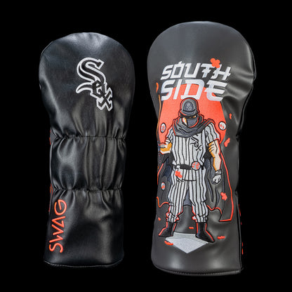 SWAG Golf Chicago White Sox driver cover shown front and back with White Sox logo on the reverse and artwork featuring a masked player in a pinstripe uniform, a flowing cape, floating baseballs, bold "SOUTH SIDE" lettering, and red accents.