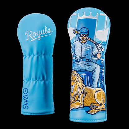 Officially licensed Kansas City Royals fairway wood cover by SWAG Golf featuring embroidered artwork of a Royals player seated on a throne with a lion beneath a royal crown backdrop on the front, with the Royals script logo and SWAG branding on the back.