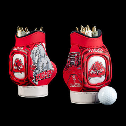 SWAG Golf Alabama Crimson Tide Desk Caddy in crimson, white, gray, and black with a charging elephant illustration, “Stomp!” lettering, “Roll Tide” script, stadium artwork, and Alabama championship graphics.