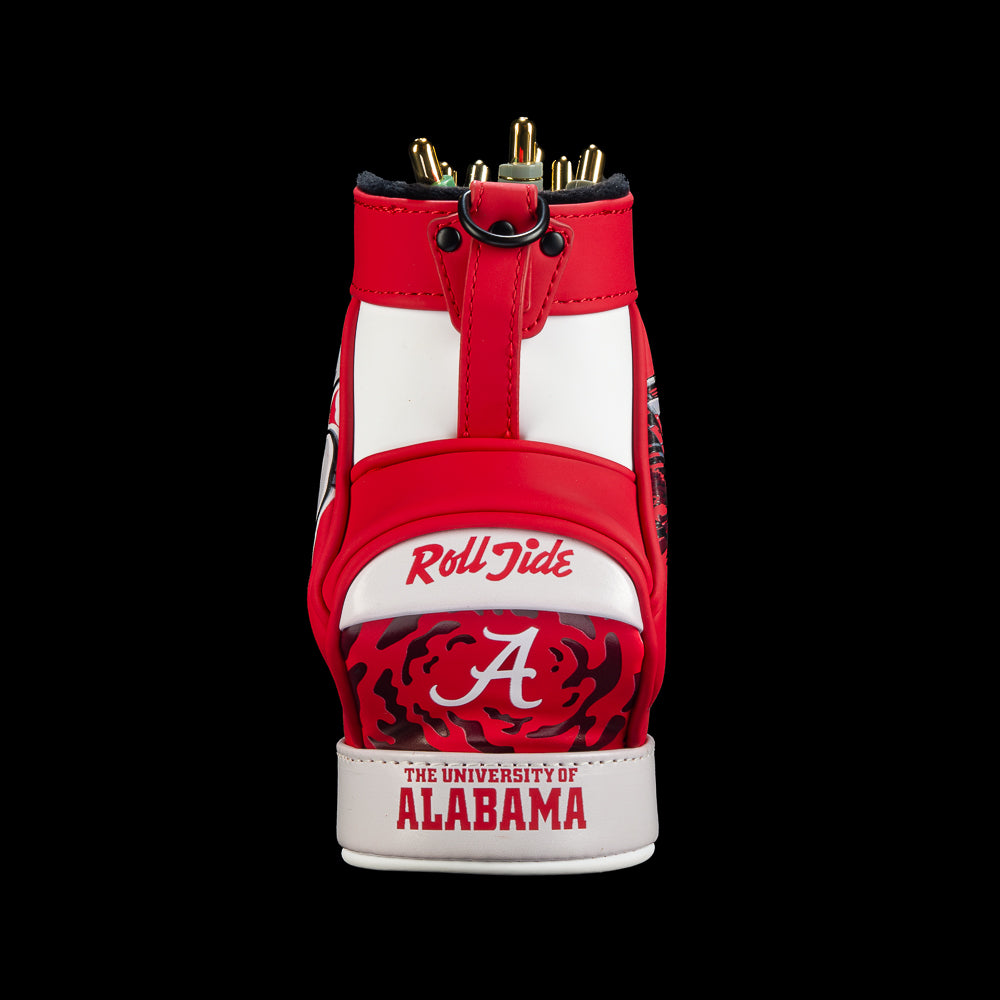 Front view of the Alabama Crimson Tide Desk Caddy with crimson side panels, a wide white center stripe, “Roll Tide” script, Alabama lettering, and small crimson graphics.