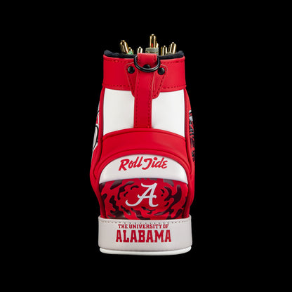 Front view of the Alabama Crimson Tide Desk Caddy with crimson side panels, a wide white center stripe, “Roll Tide” script, Alabama lettering, and small crimson graphics.