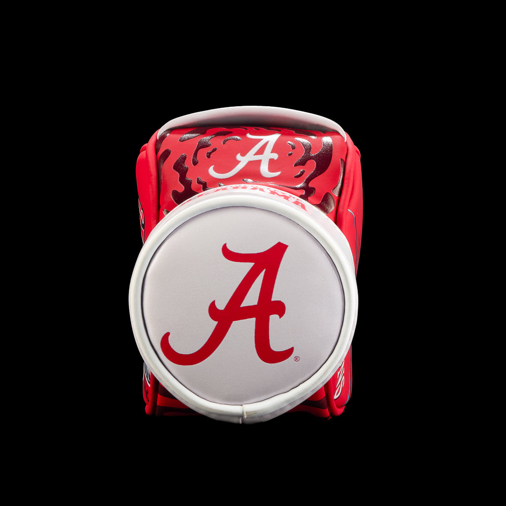 Bottom view of the Alabama Crimson Tide Desk Caddy with a large crimson script A centered on white and surrounded by a crimson border filled with repeating Alabama marks.