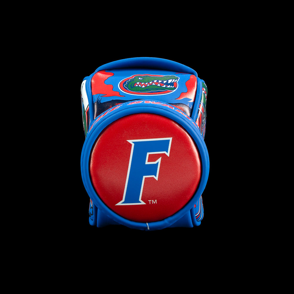Bottom view of the Florida Gators Desk Caddy with a large red Florida F centered on blue, surrounded by red and blue circular borders.