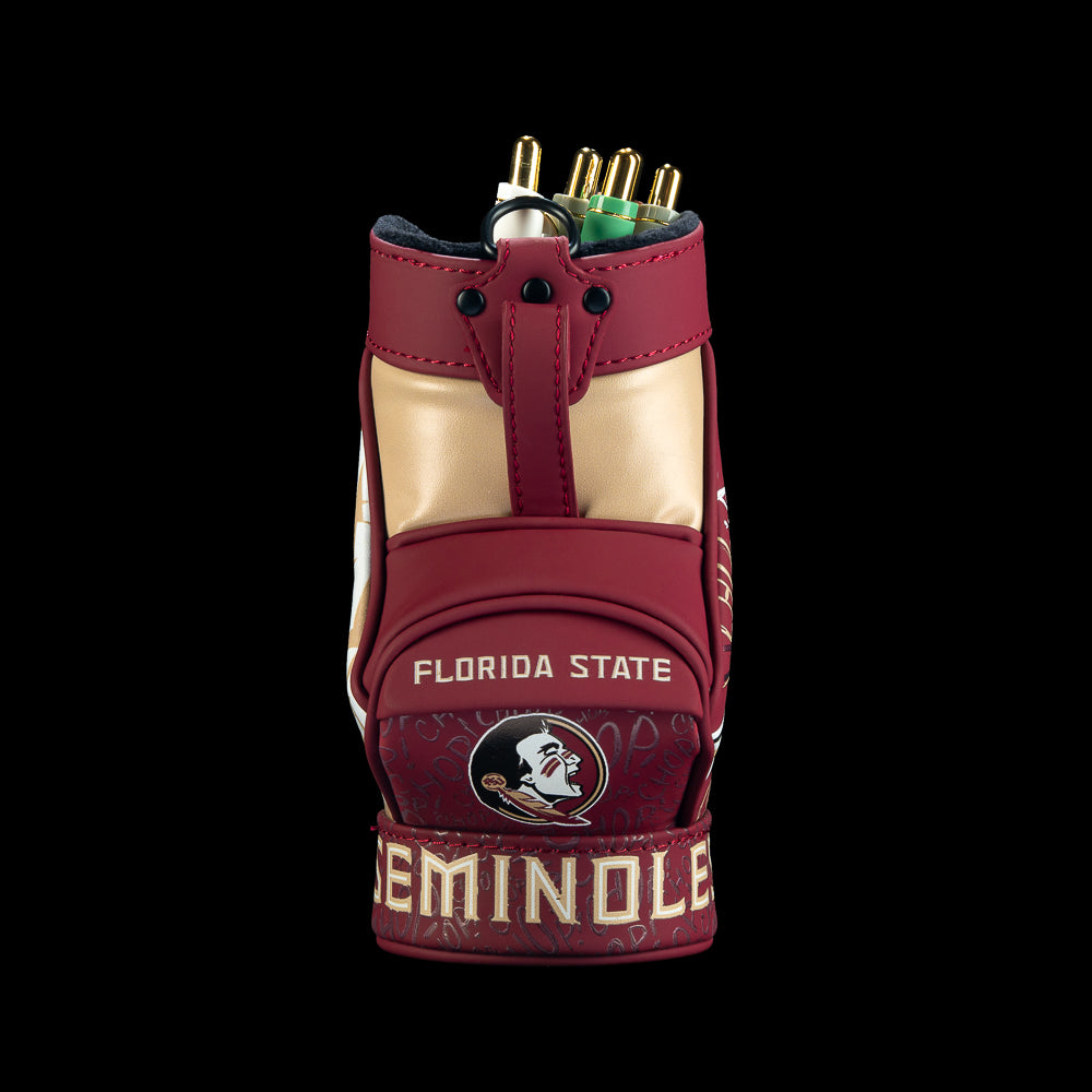 Front view of the Florida State Seminoles Desk Caddy with cream vertical panels, garnet sides, Florida State lettering, a circular logo, and “Seminoles” text along the base.