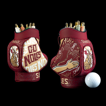 SWAG Golf Florida State Seminoles Desk Caddy in garnet, gold, and cream with large “Go Noles” lettering, a hand performing the chop gesture, repeating handwritten marks, and circular Florida State profile logos.