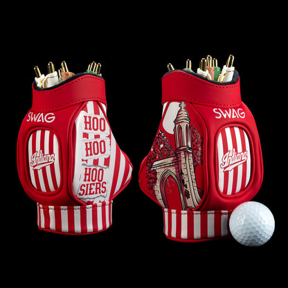 SWAG Golf Indiana Hoosiers Desk Caddy featuring crimson and white stripes, Indiana graphics, bold Hoosiers lettering, and illustrated details.