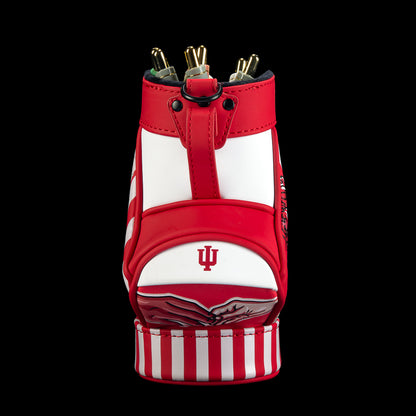 Front view of SWAG Golf Indiana Hoosiers Desk Caddy featuring crimson and white stripes, IU branding, and graphic design details.