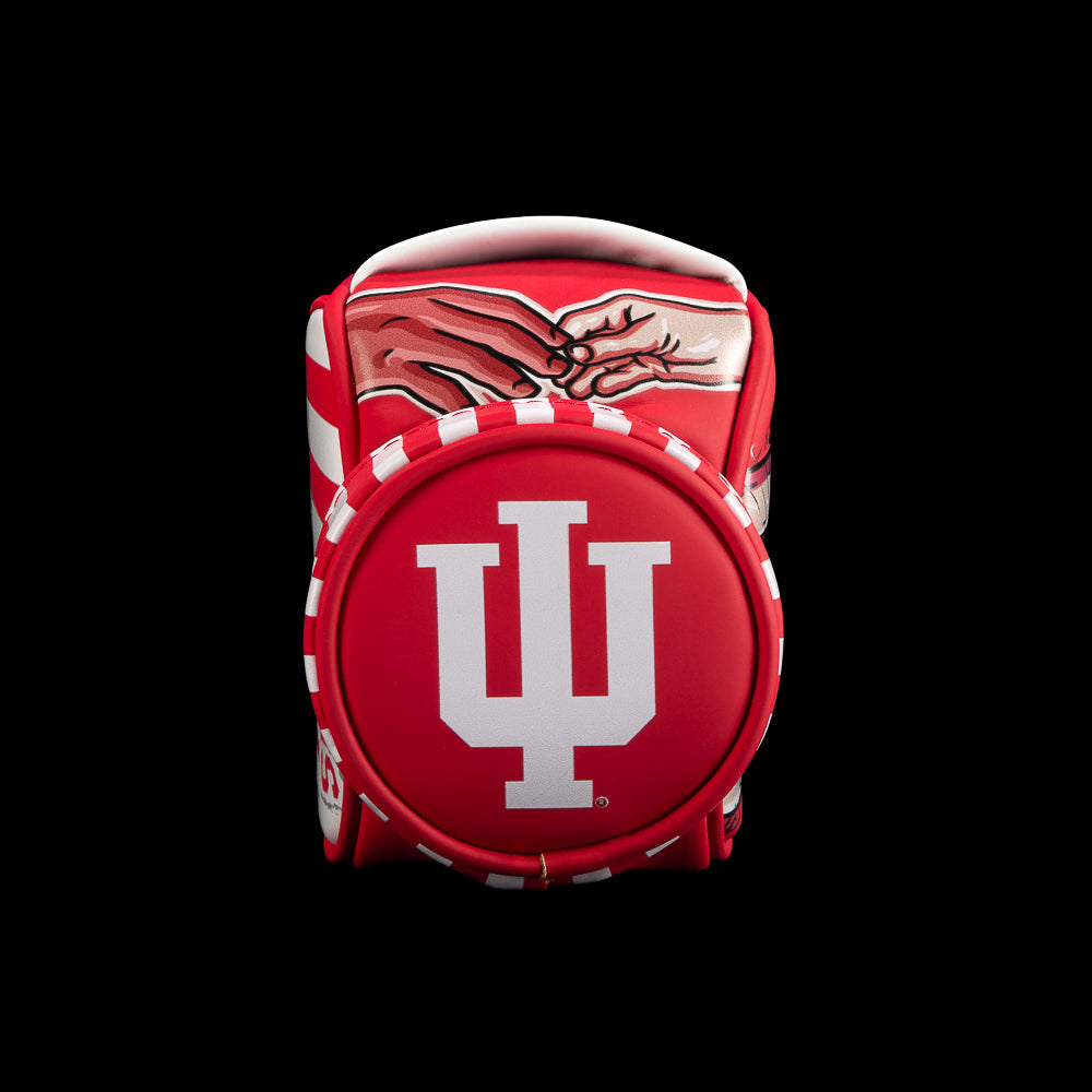 Bottom view of SWAG Golf Indiana Hoosiers Desk Caddy featuring the IU trident logo with crimson and white striped graphics.