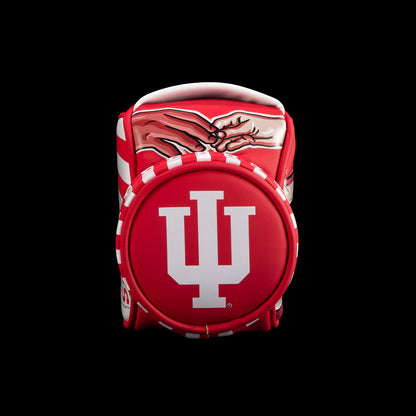 Bottom view of SWAG Golf Indiana Hoosiers Desk Caddy featuring the IU trident logo with crimson and white striped graphics.