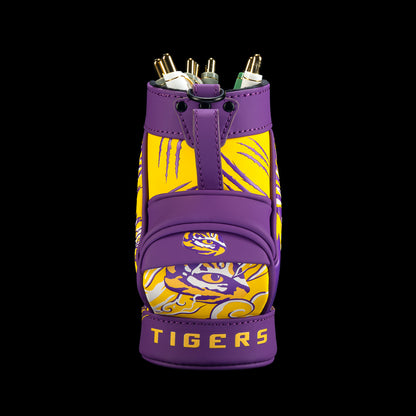Front view of the LSU Tigers Desk Caddy with purple and gold vertical panels, a tiger-eye graphic, LSU lettering, “Tigers” text, and striped accents.