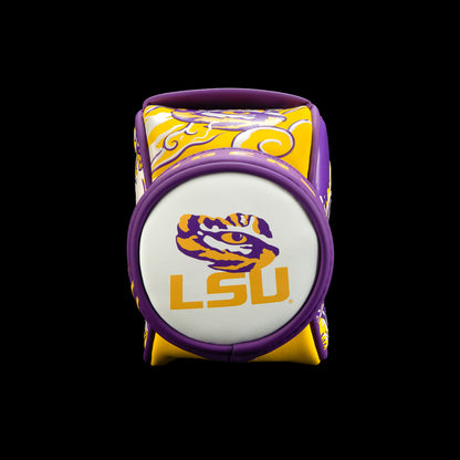 Bottom view of the LSU Tigers Desk Caddy with a large LSU logo, tiger eye graphic, gold typography, and purple border.