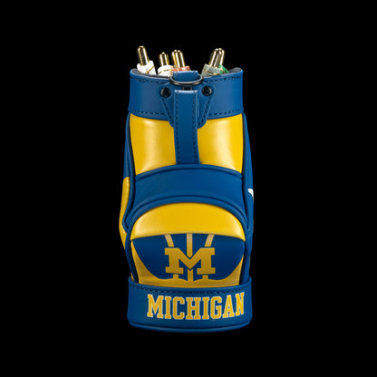 Front view of SWAG Golf Michigan Wolverines Desk Caddy featuring maize and blue panels, Michigan branding, bold lettering, and graphic details.