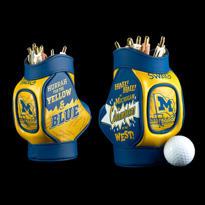 SWAG Golf Michigan Wolverines Desk Caddy featuring maize and blue artwork, Block M logos, Michigan lettering, and vintage-inspired graphics.