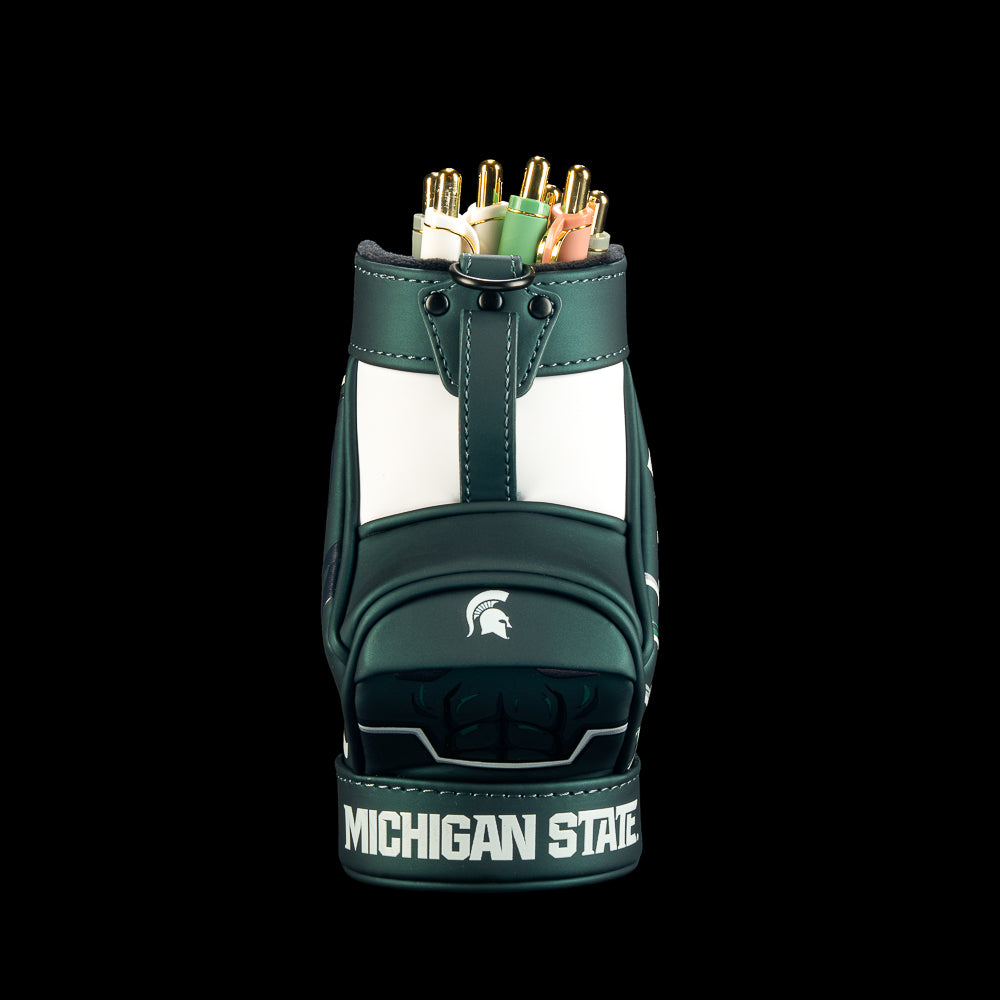 Front view of SWAG Golf Michigan State Spartans Desk Caddy featuring green and white panels, Michigan State branding and details.