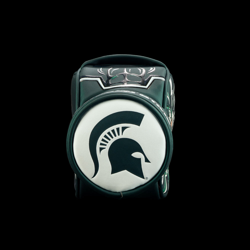 Bottom view of SWAG Golf Michigan State Spartans Desk Caddy featuring the Spartan helmet logo with dark green and white graphics.